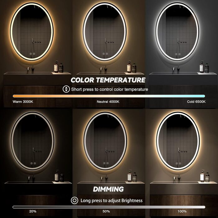 Дзеркало для ванної кімнати Dripex з підсвічуванням LED, сенсорне керування, регулювання яскравості, 3 кольори світла, антизапарник, овальне, 50 x 70 см