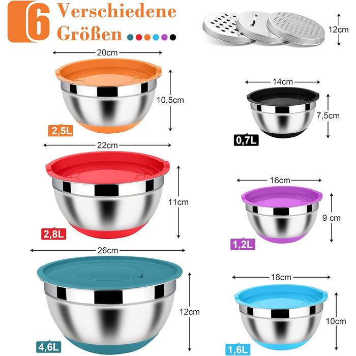 Набір місок Homikit з нержавіючої сталі, 6 шт. з тертками, кришками та силіконовим дном, 4.6/2.8/2.5/1.6/1.2/0.7 л, багатобарвний