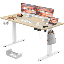 Електричний регульований стіл JUMMICO 160x80 см з зарядкою, комп'ютерний стіл з кабелеуправлінням, ергономічний стіл для сидіння та стояння, білий (бежевий)
