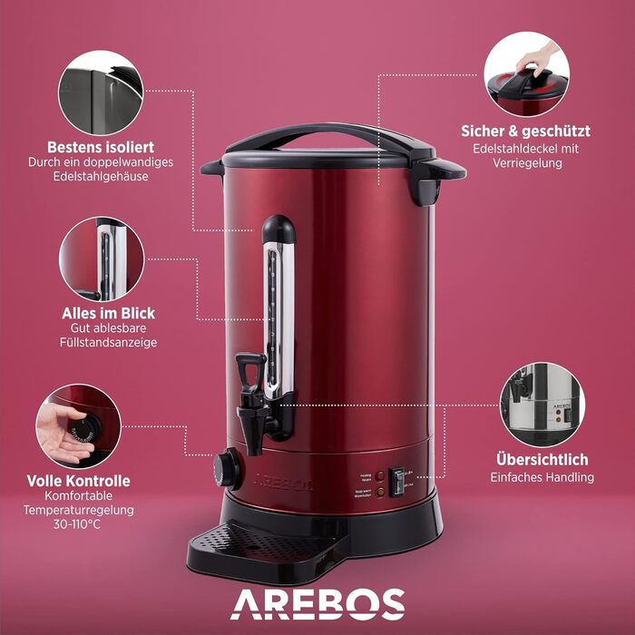 Електричний глінтвейнер Arebos 1650W - диспенсер гарячих напоїв, 20 л, з піддоном, краном, термостатом та захистом від перегріву. Регулювання температури 30-110 °C. Червоний колір.