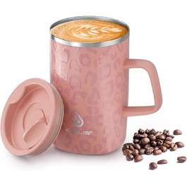 Кавова чашка Ideus® 470 мл з подвійними стінками, з нержавіючої сталі, з нековзним ручками та кришкою-ковпачком (Червоно-зебра, Рожева Леопард)