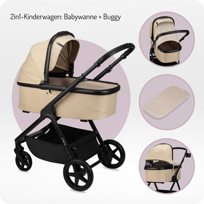 Дитяча коляска MoMi GISELLE 2 в 1 комбінована, бежева: для малюків від народження до 22 кг, з 5-точковим ременем безпеки, збірно-розкладна, з кошиком, матрацом, дощовиком та пеленатором