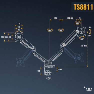 Підставка для монітора RICOO 2 монітори TS3911 з газовою пружиною, регулювання висоти, VESA 75x75/100x100, для моніторів 17-32 дюймів
