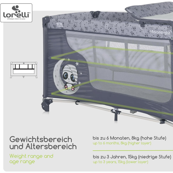 Дитяче ліжечко та манеж Lorelli 3 в 1, Moonlight 2 рівні з боковим входом, ліжечко від народження до 15 кг, складне дитяче дорожнє ліжечко зі вставкою для новонародженого, пеленальним килимком, коліщатками та сумкою, (сірий/світло-сірий)