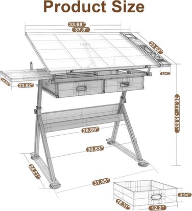 Регульований стіл для малювання, мольберт для художників, стіл для малювання з нахиленою поверхнею 0-80°, стіл для творчості з ящиками для дітей та дорослих