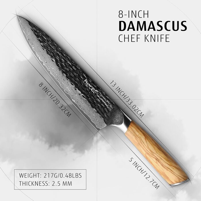 Ніж кухарський Damast 20 см Hecef, професійний ніж шеф-кухаря, японський ніж з 67 шарів дамаської сталі, гостре м'ясне лезо з ручкою з оливкового дерева
