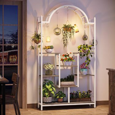 Плантатор Tribesigns з 5 полицями для дому, металева конструкція, полиці-арки з гачками, велика підставка для квіткових горщиків, для саду, балкону, вітальні, білий та сірий