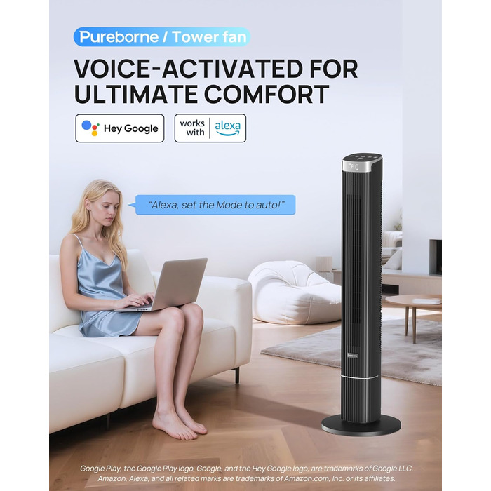 Турбовентилятор Leiser з осциляцією 90°, Wi-Fi, пульт, 4 швидкості, 4 режими, таймер 12 год, чорний, 102 см