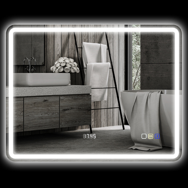 Дзеркало для ванної кімнати з LED-підсвіткою, антизапарюючою поверхнею, 3 регульованими кольорами, годинником, розміром 700 x 900 мм, сріблястого кольору