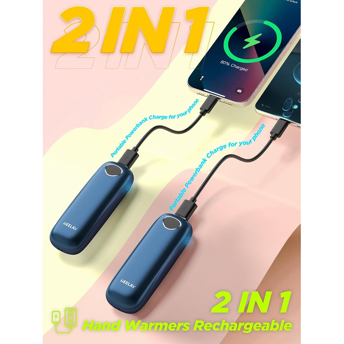 Електричні грілки для рук 10000mAh, 2 шт. [Коробка подарунків на Різдво] Повторно використовувані грілки для рук USB, зимовий подарунок, для хворих на синдром Рейно, для активного відпочинку, ігор, Powerbank, блакитні