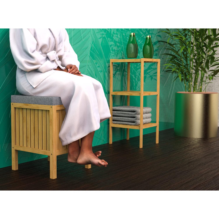 Стілець для ванної кімнати з бамбука EISL BMBA02-BH2, з місцем для білизни, 35x45x35 см