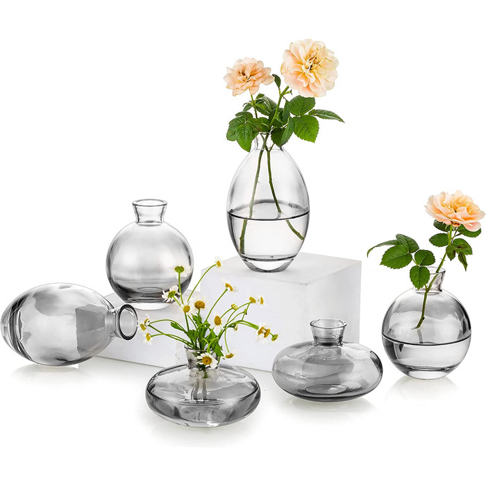 Маленькі вази для прикраси столу, вінтажна ваза ручної роботи, міні-ваза з 3 предметів, скляна ваза для квітів, сучасний набір, велика гладка ваза з гідропонного скла для прикраси квітів, весільного столу, вітальні (2 комплекти, сірого кольору)