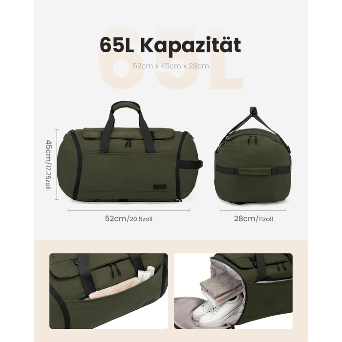 Спортивна сумка LOVEVOOK для чоловіків з відділенням для взуття, 65L, 52x45x28 см, Duffel Bag, для подорожей та спортзалу (темно-зелена)
