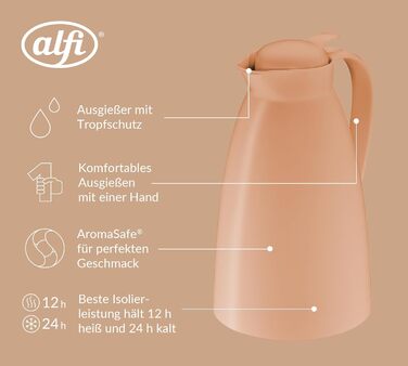 Термос Alfi ECO 1.0л з термоізоляційним скляним вкладишем, пластиковий корпус, кришка з кнопкою, зручний для наливання однією рукою, для кави та чаю, BPA-free (Абрикосовий)