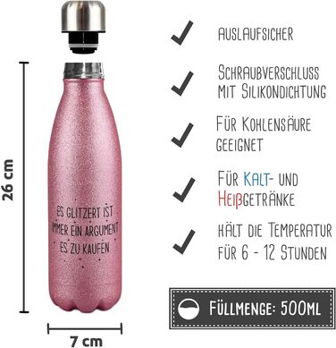 Блискуча пляшка для води - Вона блищить - аргумент купити її - Термос, пляшка для води без BPA, подарунок для подруги, жінки, блискітки, подорожі, спорт I нержавіюча сталь 500 мл, (рожевий)