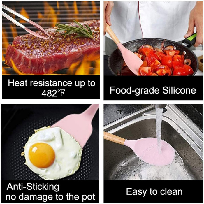 Набір кухонних аксесуарів з силікону, 28 предметів, набір лопаток з підставкою для антипригарного посуду (Рожевий)
