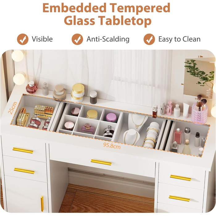 Великий туалетний столик ANWBROAD з регульованою LED-підсвіткою 3 кольорів та розеткою. Сучасний туалетний столик з дзеркалом, 7 ящиків, білий, 140x110x40 см. Модель BDT83W