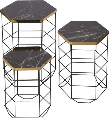 Журнальний стіл Hørning Набір з 3 металевих кошиків зі знімною кришкою Чорний мармур Плетений стіл Диванний стіл з місцем для зберігання Стіл для вітальні Квадрат