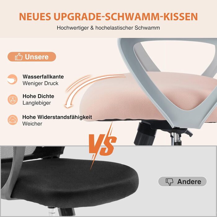 Офісний стілець Sweetcrispy з регульованими підлокітниками, ергономічний, з підтримкою попереку, регульована висота, поворотний на 360°, з м'яким сидінням, чорний (рожевий, фіксовані підлокітники)