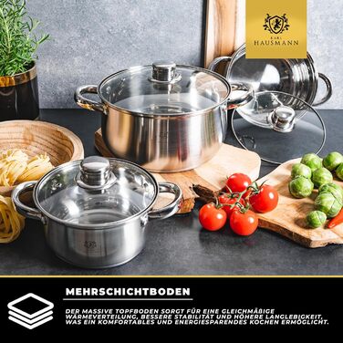 Набір каструль Karl Hausmann з нержавіючої сталі (індукційні) 3 шт. - для всіх типів плит - з кришкою з термостійкого скла - з мірною шкалою