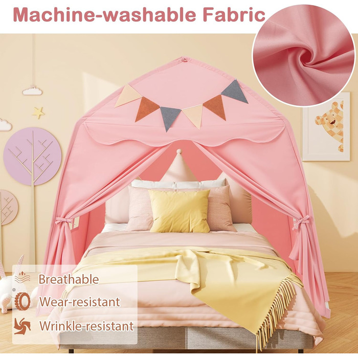 Дитяче намет-будиночок HOMASIS для гри в приміщенні, рожевий: зі світлячками, килимком, вікнами та фіранками