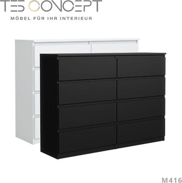 Комод Tesconcept з 8 шухлядами, сервант, 119x100x33см, чорний матовий, ДСП 16мм