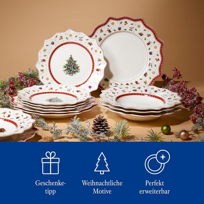 Villeroy & Boch Toy's Delight: Сніданок на двох - сервіз для двох осіб (6 предметів), білий/червоний. Ідеальний для святкування Різдва! Преміум-посуд з порцеляни.