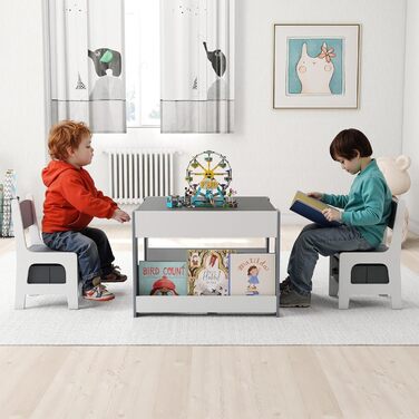 Детский стол со стульями COSTWAY 3 в 1: деревянный стол для рисования с ящиком и 2 стульями, для детей от 3 лет (Серый, Комбинированный)