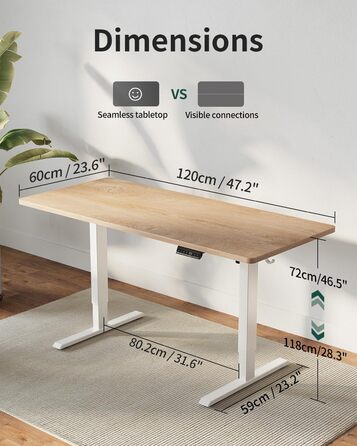 FEZIBO Стол письмовий регульований по висоті, 120x60 см, з USB-портами, для дому/офісу, ехолокація дуба