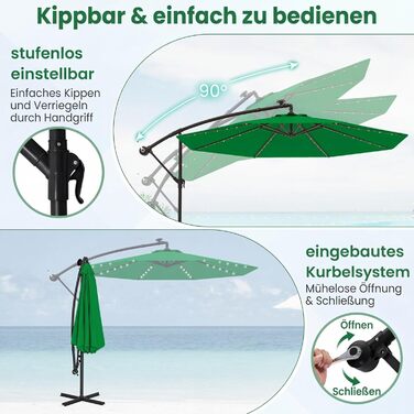 Садова парасолька COSTWAY 300 см з підставкою та LED-підсвіткою, підвісна парасолька-амбрела з ручкою, захист від UV, для тераси, басейну та двору, бежевий/зелений