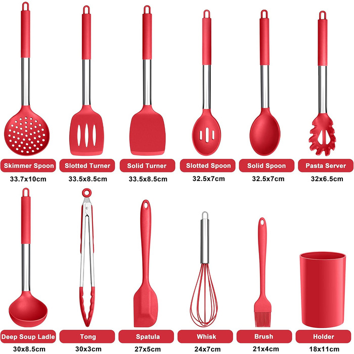Набір кухонних аксесуарів Herogo, 12 шт. Силіконові кухонні інструменти з нержавіючою сталею, термостійкі, лопатки, ложки, шпателі з підставкою, легко миються (Червоний)