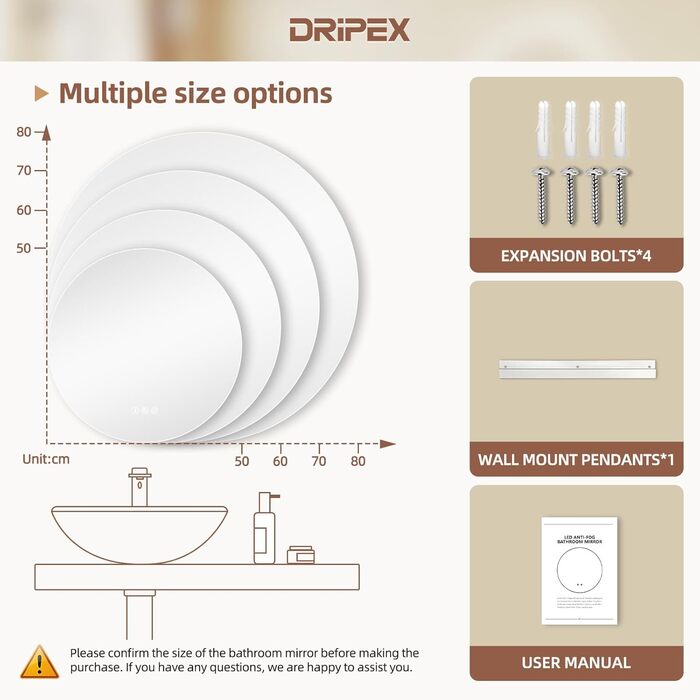 Дзеркало для ванної кімнати Dripex з LED-підсвічуванням, сенсорне керування, регулювання яскравості, 3 кольори світла, антизапар, 80x80 см (кругле, 50x50 см)