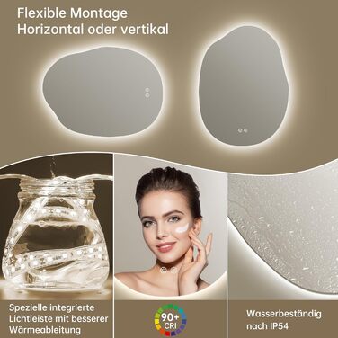 Дзеркало для ванної кімнати OUMUSU з підсвічуванням, арочне, без рами, 50x75 см. Антизапарник, сенсорне управління, регулювання яскравості, 3 кольори світла