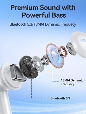 Навушники-вкладиші KIPTUMTEK Bluetooth 5.3, 4 мікрофони, глибокі баси, 40 год, світлодіод, водонепроникний IP7 (білий)