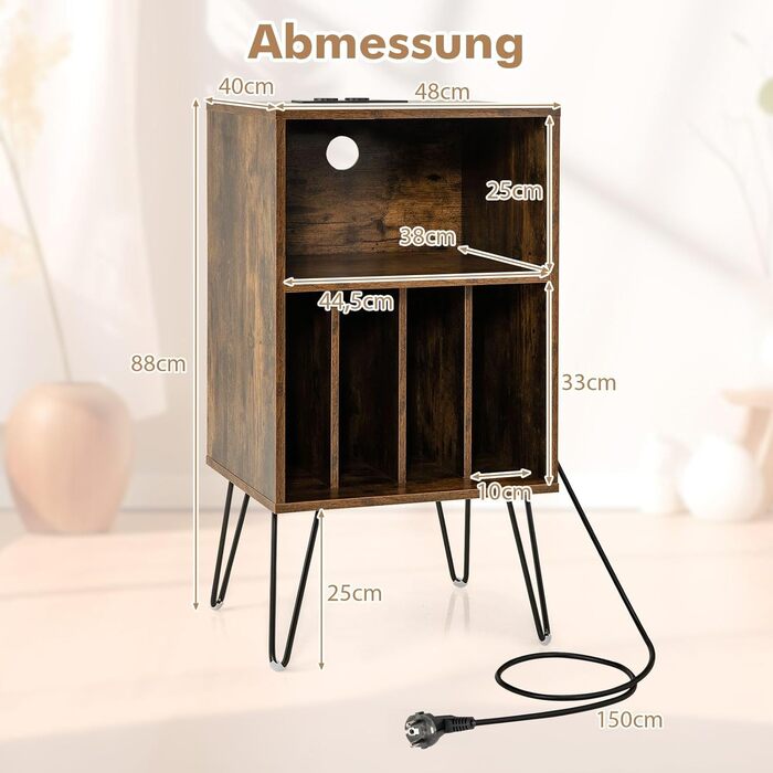 Підставка для програвача COSTWAY з зарядкою, 3-рівнева, для зберігання вінілових платівок з полицею та 4 роздільниками, 48 x 40 x 88 см (індустріальний стиль)