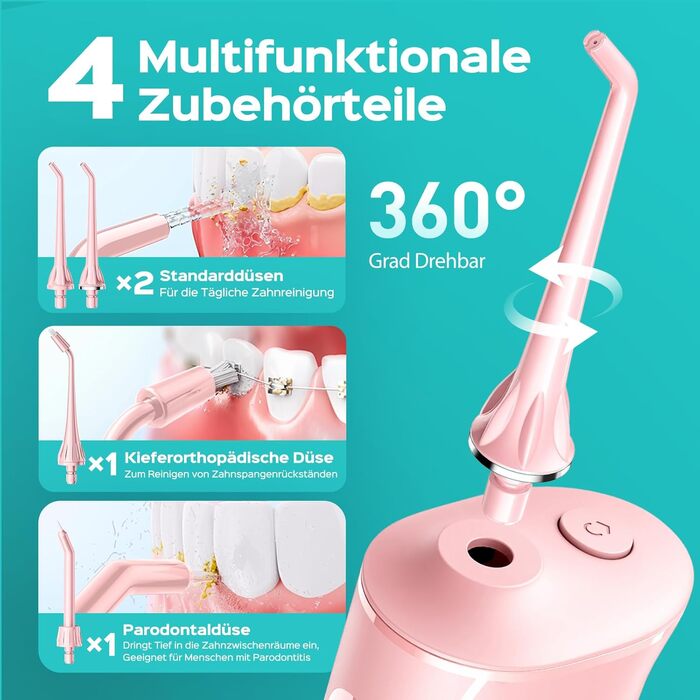 COSLUS Електрична душова насадка бездротова: 20 бар, IPX7, водонепроникна, 4 режими для гігієни порожнини рота, 5 інтенсивностей (Рожева)