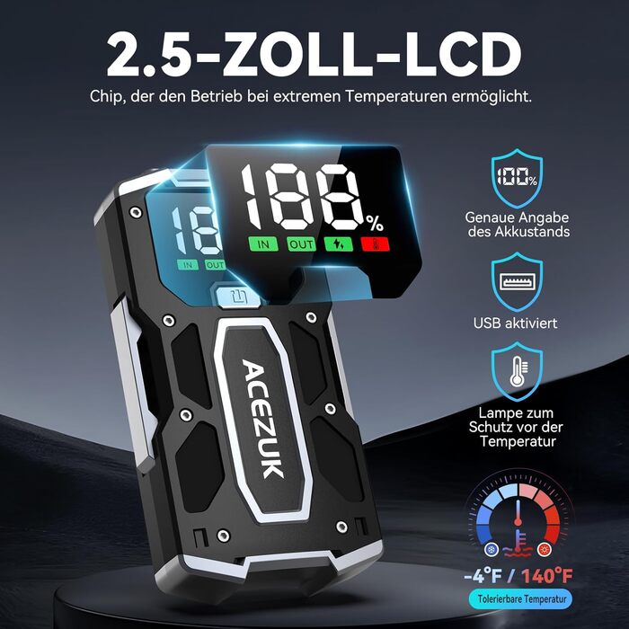 Портативний зарядний пристрій Starthilfe Powerbank 6000A для автомобіля з LED-ліхтариком, великим екраном (6000A) чорний M01