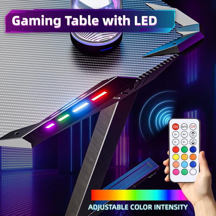 Ігровий стіл Himimi 160x70 см з LED-підсвічуванням, чорний, з коробкою для кабелів, тримачем для напоїв та гачком для навушників
