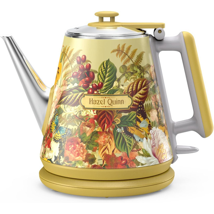 Електричний чайник Hazel Quinn, 1 л, ретро-дизайн, з нержавіючої сталі 304, 1360W, білий перламутровий (жовтий з квітковим візерунком), BPA-free, автоматичне вимкнення