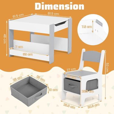 Дитячий столик Dreamade 4 в 1 з 2 стільцями: дерев'яний набір для ігор з дошками, полицями та коробками (сірий)