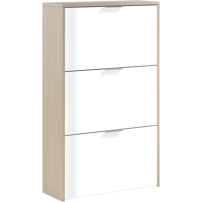 Стеллаж для взуття Habitdesign з 3 дверцятами, вузький, з білого глянцю та канадського дуба, 60x113x22 см