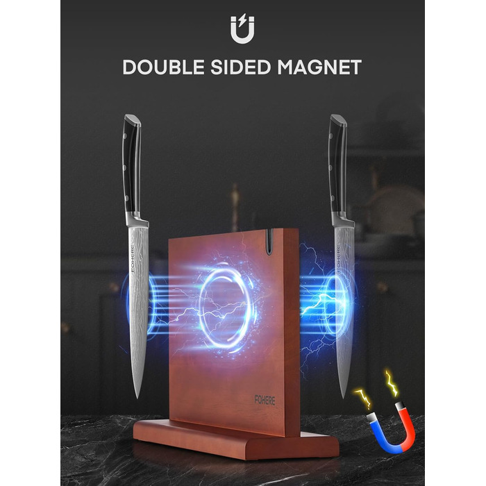 Набір ножів FOHERE 7 предметів: кухонний, для хліба, овочевий, з точилкою та магнітним блоком з нержавіючої сталі та дерева