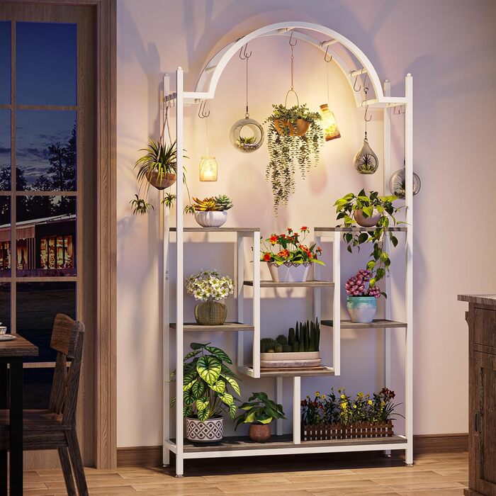Плантатор Tribesigns з 5 полицями для дому, металева конструкція, полиці-арки з гачками, велика підставка для квіткових горщиків, для саду, балкону, вітальні, білий та сірий