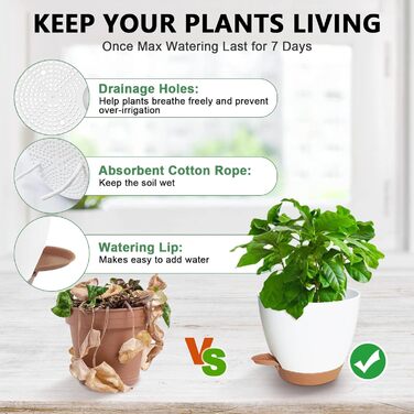 5 кашпо з пластику з системою поливу, 17.8/16.5/15.2/13.9/12.7 см. Самополивні горщики з підставкою, круглі, для квітів, сукулентів, кактусів, для дому, балкону, саду. Білий, коричневий колір