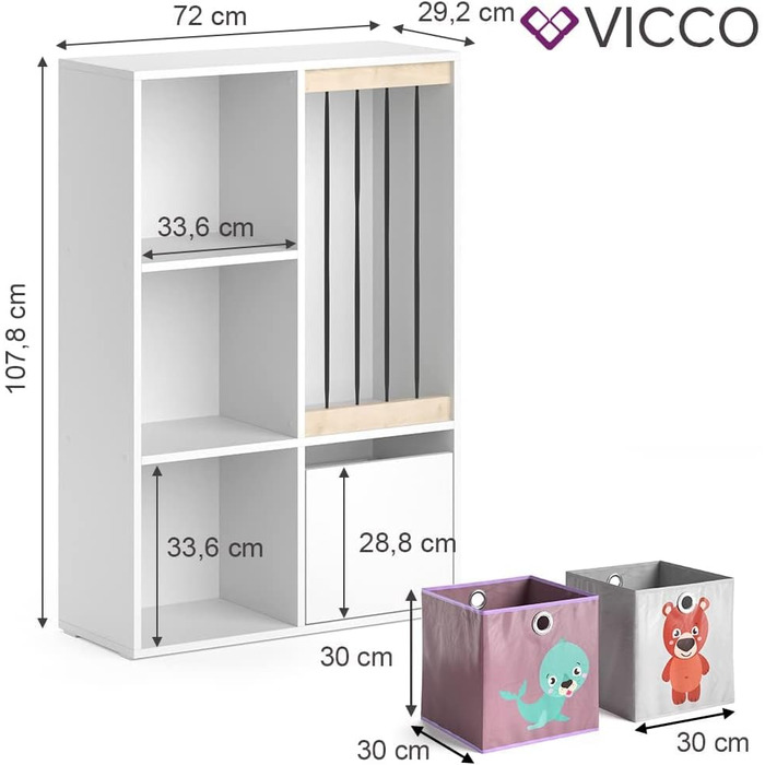 Дитяча полиця Vicco Luigi, біла, 72 x 107,8 см з 2 відкидними коробками Opt.5 (72x96 зі складними коробками Собака/Кіт)