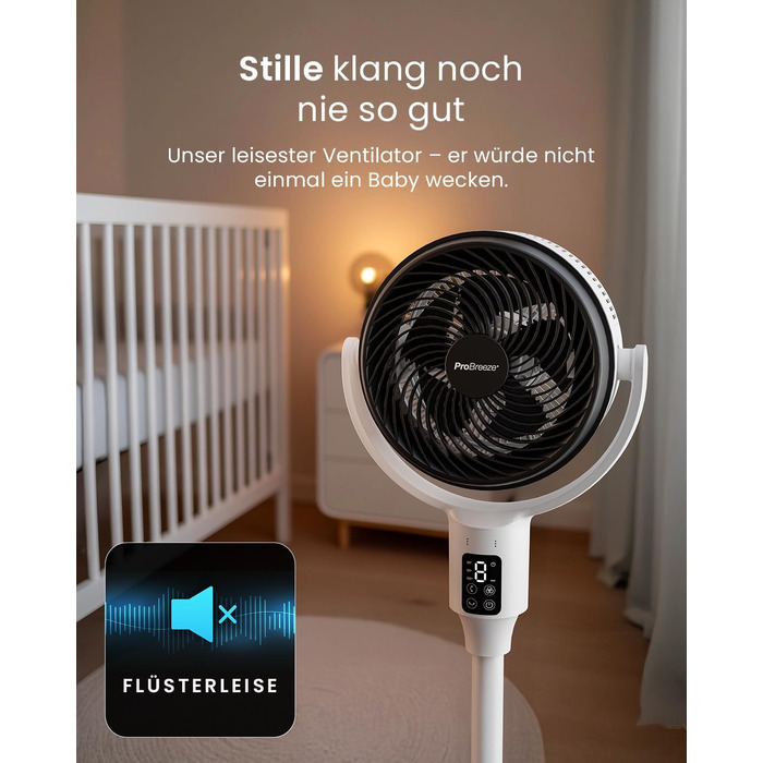 Вентилятор Pro Breeze AirFlo Standventilator: тихий, з пульт, LED-дисплей, 109 см, 2 режими, осциляція, 29 дБ, регулювання висоти, для дому, офісу, спальні, AirFlo WLAN