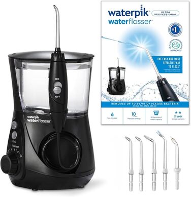 Waterpik Професійний іригатор, Тест-переможець 2025, Технологія Precision Pulse, Сертифікат TÜV, видалення нальоту до 99,9%, 6 насадок, 10 режимів, таймер, чорний