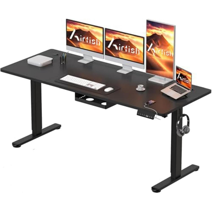 Електричний регульований стіл Airfish з USB-C зарядкою, кабелеуправлінням та 3 рівнями пам'яті (білий, чорний) 200 x 80 см