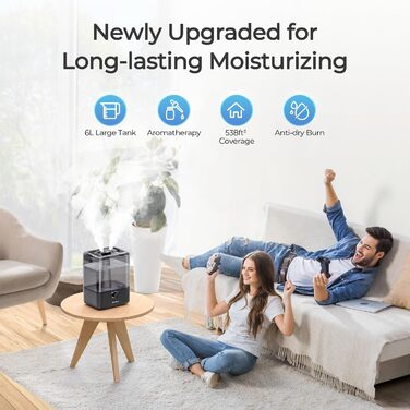 Зволожувач повітря Chivalz Top Fill для великих кімнат 6л з нічником, поворотна на 360° форсунка, аромадифузор, 50 годин, для спальні, дитячої, рослин, немовлят, чорний глянцевий + 2 виходи туману