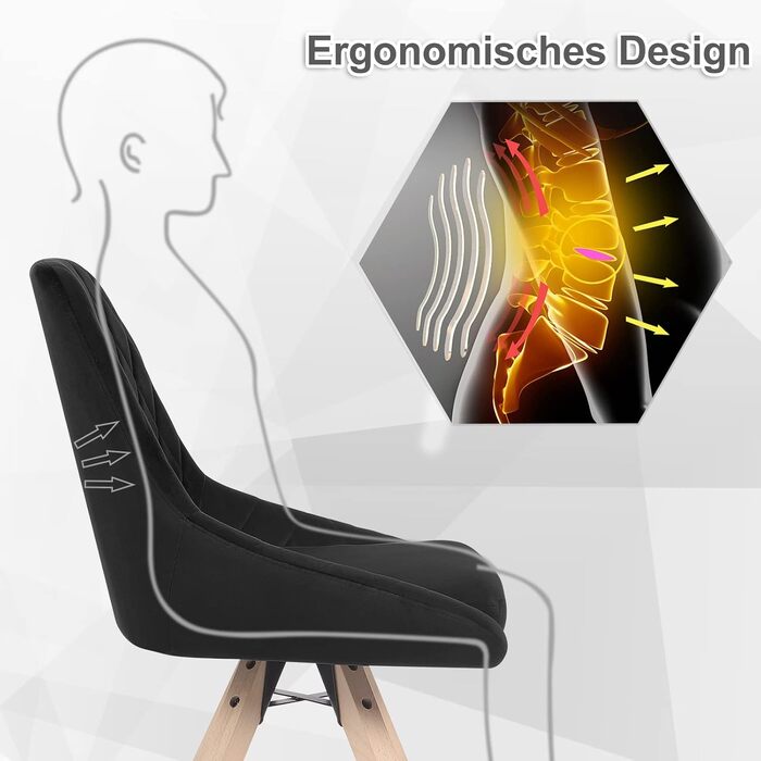 Набір обідніх стільців WOLTU (6 шт.) з м'яким оксамитовим сидінням, дерев'яними ніжками з бука, для кухні, вітальні, їдальні, до 150 кг, чорний колір